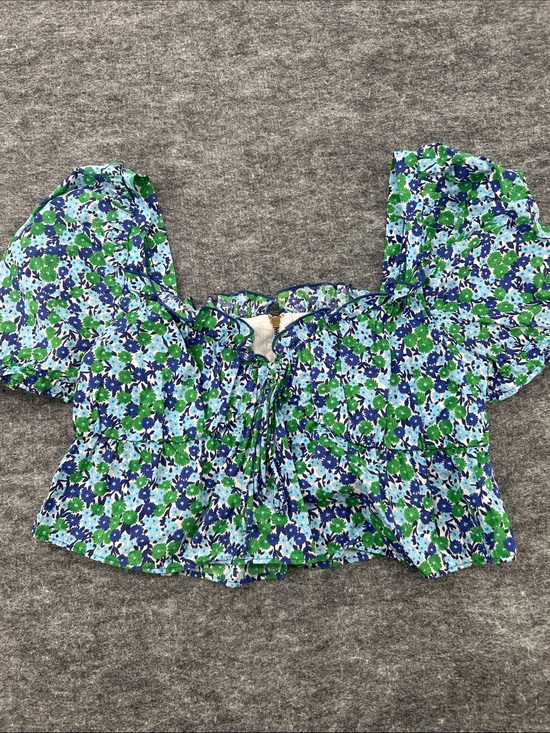Zara Tops - Zara Women’s Blue & Green Floral Puff-Sleeve Crop Top Size Small